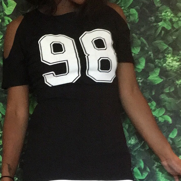 Black Varsity off the shoulder casual mini dress. - Picture 5 of 5